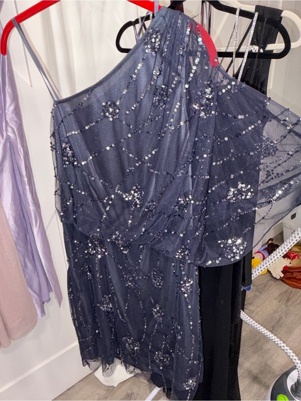 Stunning Navy Sequin Beaded One-Shoulder Cocktail Dress Size 6